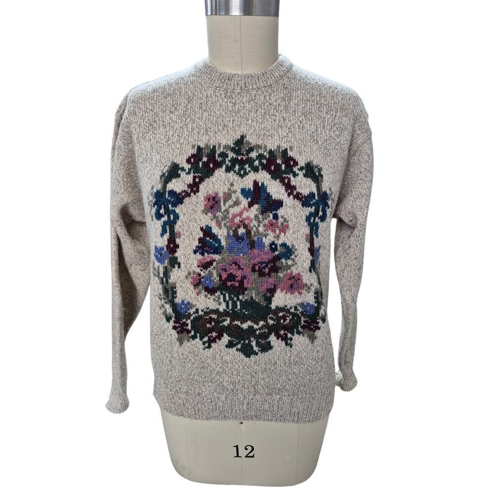 Vtg 80s Eddie Bauer Wool Blend Sweater  Flower Basket/Wreath Design Sz L